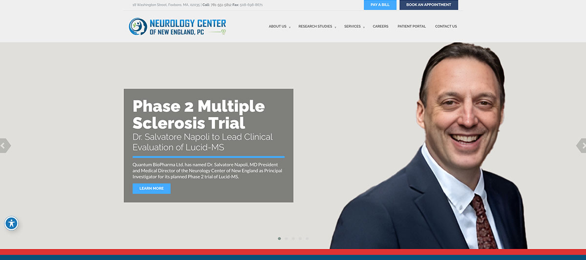 Smiling man in a suit on a website hero banner beside a gray promotional panel about a Phase 2 multiple sclerosis trial.