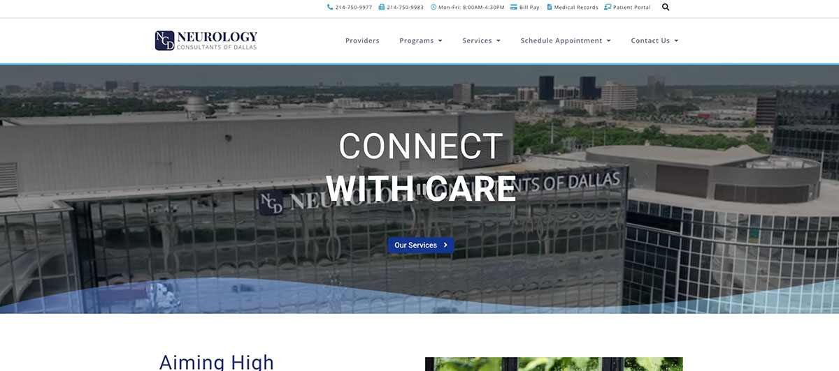 Hero image of Neurology Consultants of Dallas building with the slogan 'CONNECT WITH CARE' and a blue 'Our Services' button.