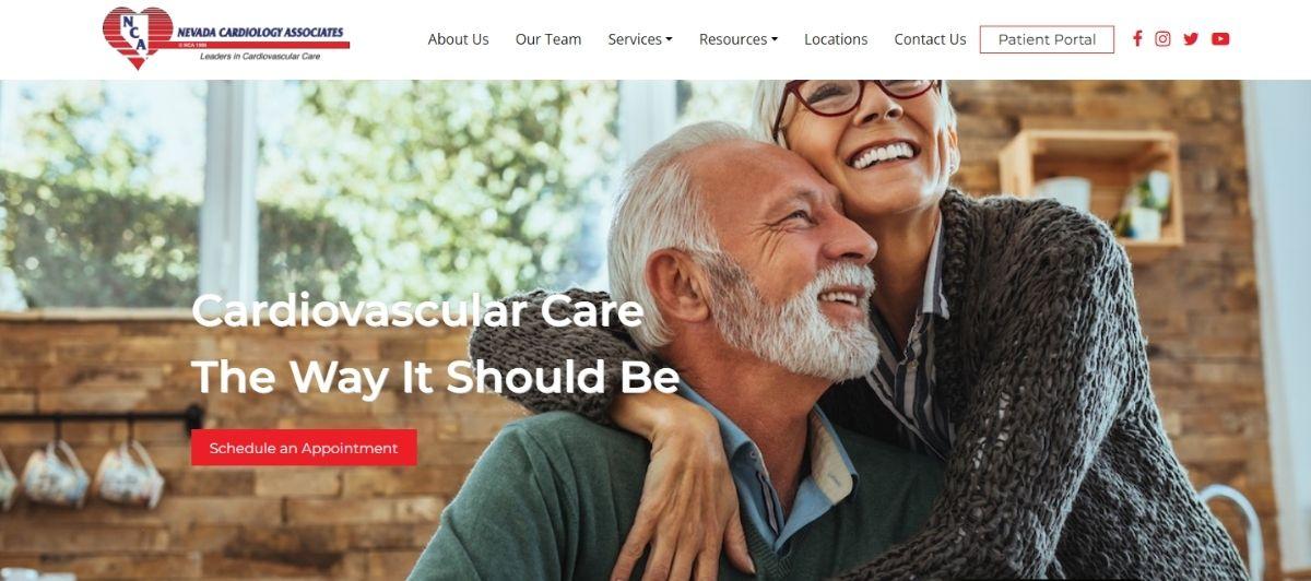 Happy older couple embracing, promoting cardiovascular care with a red 'Schedule an Appointment' button in the foreground.