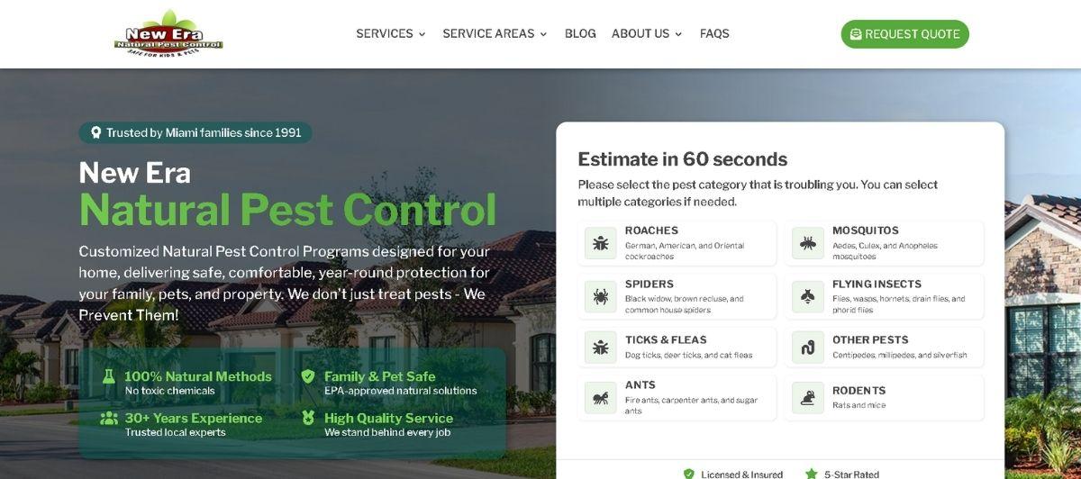 Hero section for New Era Natural Pest Control: large green 'Natural Pest Control' text over a house, left-aligned; right-side white rounded card reading 'Estimate in 60 seconds' with pest-category options.