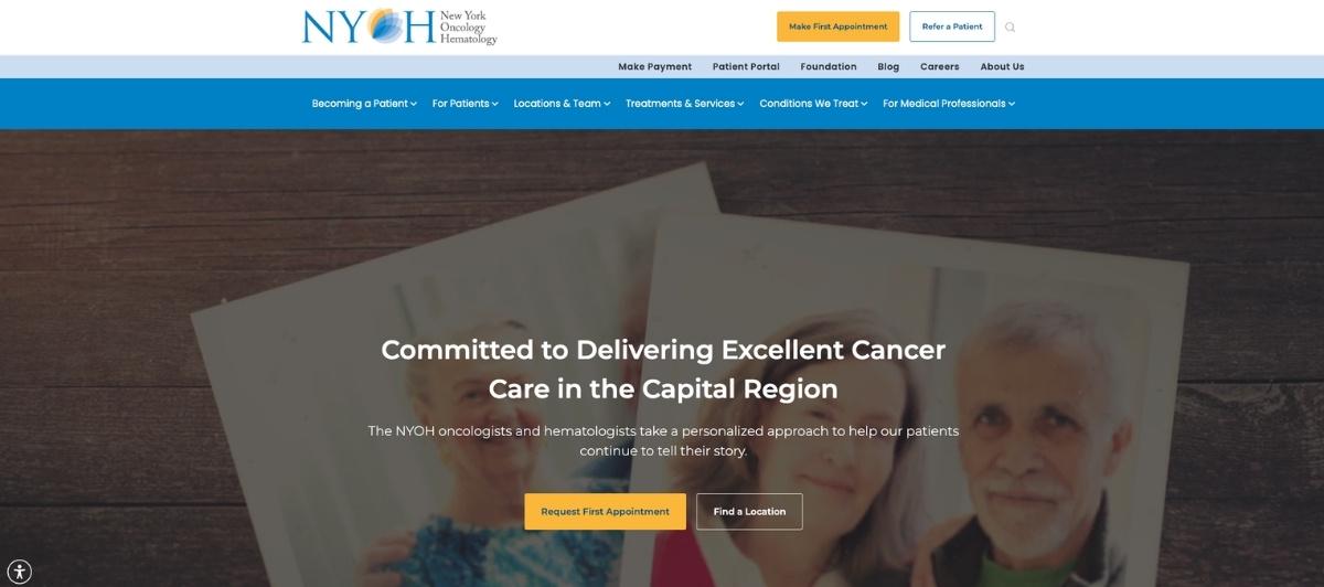 Hero banner from NYOH oncology homepage featuring patient photos on a wooden background with the message: 'Committed to Delivering Excellent Cancer Care in the Capital Region'.
