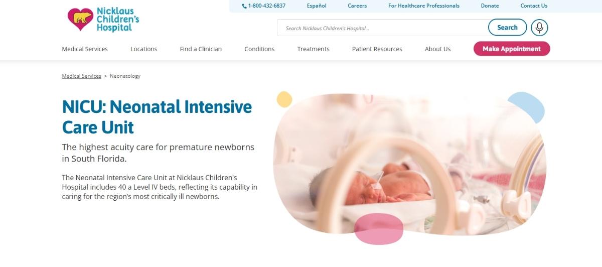 NICU: Neonatal Intensive Care Unit header with a newborn in an incubator on the right and a blue headline on the left.