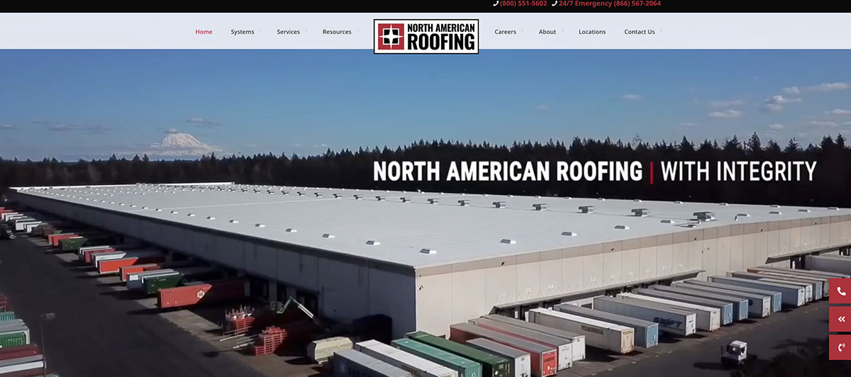 Aerial view of a large flat-roof warehouse with rows of skylights and loading docks, featuring the North American Roofing banner at the top.