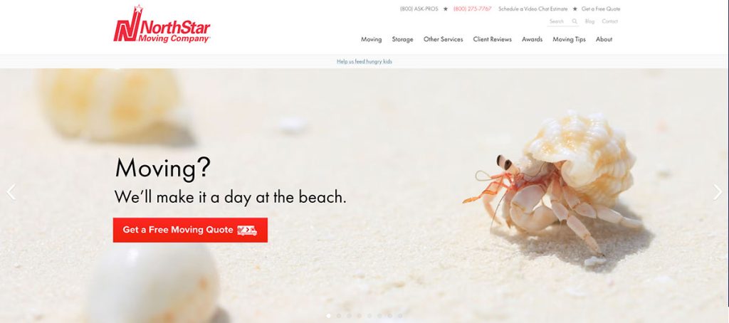 Beach-themed hero for NorthStar Moving; sand, shells, and a crab with the 'Moving? We'll make it a day at the beach' message and a red 'Get a Free Moving Quote' button