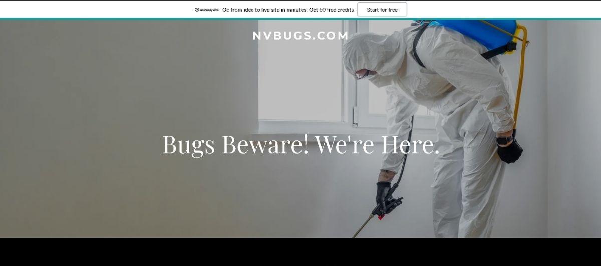 Pest-control worker in a hazmat suit spraying a room; overlay reads 'Bugs Beware! We're Here.'