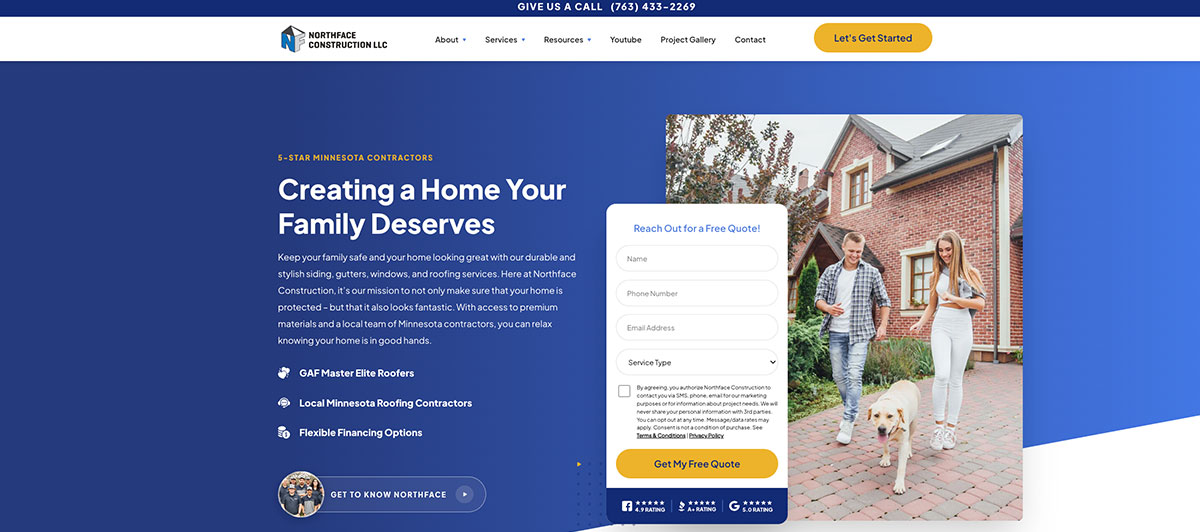 Blue gradient homepage hero for Northface Construction with bold headline 'Creating a Home Your Family Deserves', left text and bullets, and a photo of a couple with a dog by a brick house on the right, plus a white 'Reach Out for a Free Quote' form overlay.