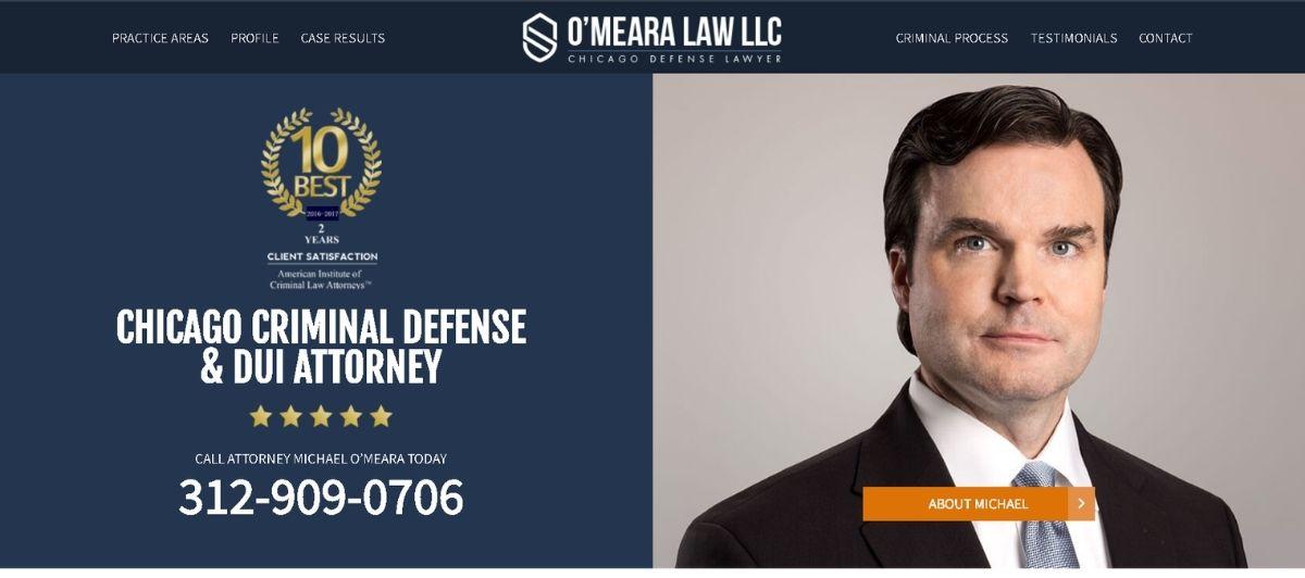 Split hero: left dark blue panel with award badge, text 'Chicago Criminal Defense & DUI Attorney' and phone number 312-909-0706; right shows a professional portrait of Michael O'Meara with an orange 'About Michael' button.