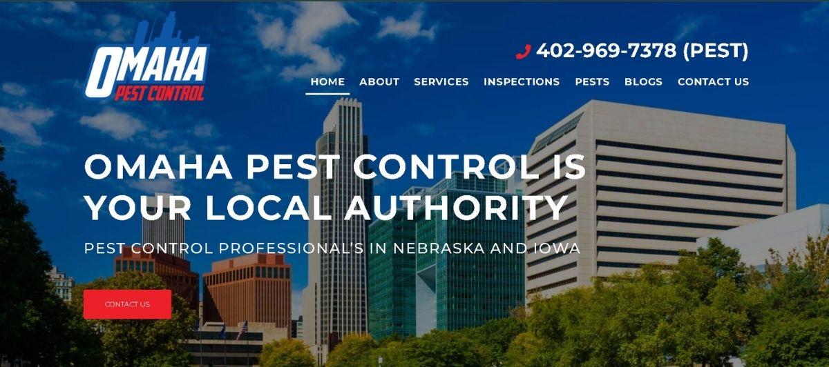 Hero banner with Omaha skyline and bold white text stating 'Omaha Pest Control is your local authority' plus a red 'CONTACT US' button in the foreground.