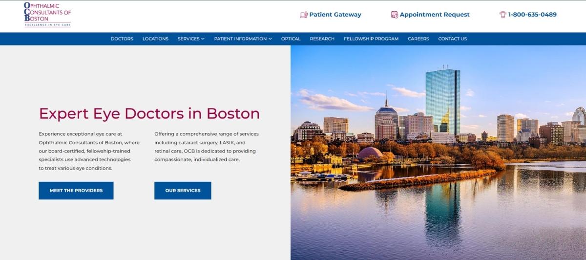 Two-panel hero: left text about expert eye doctors in Boston with two call-to-action buttons; right Boston skyline by the river at sunset/light.