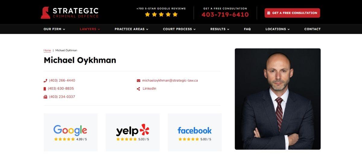 Profile page for Michael Oykhman, lawyer at Strategic Criminal Defence, with contact info and photo on right panel.