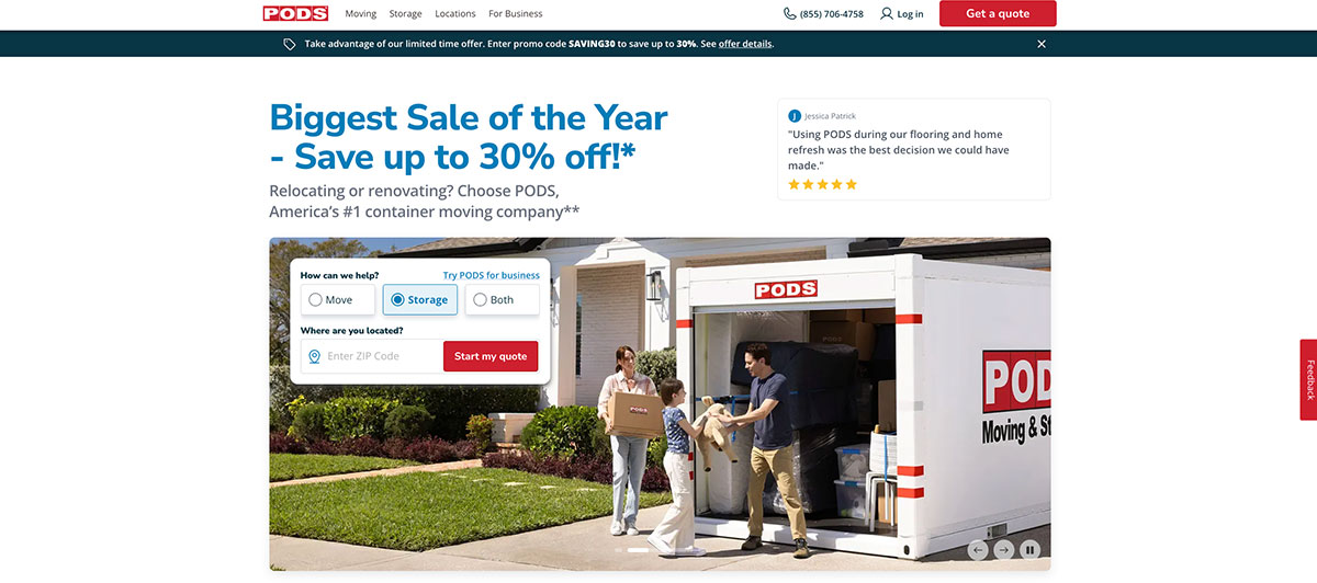 PODS moving truck with a family loading boxes into the container in a suburban yard, under a big sale banner on the page
