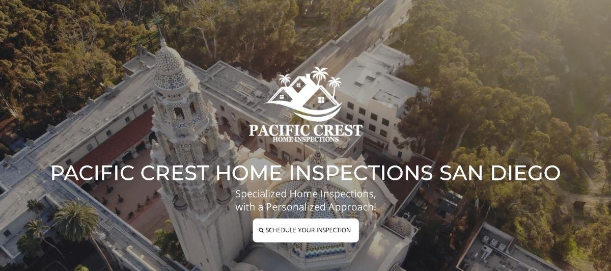 Aerial view of a historic tower and palm trees with the Pacific Crest Home Inspections San Diego logo and branding.