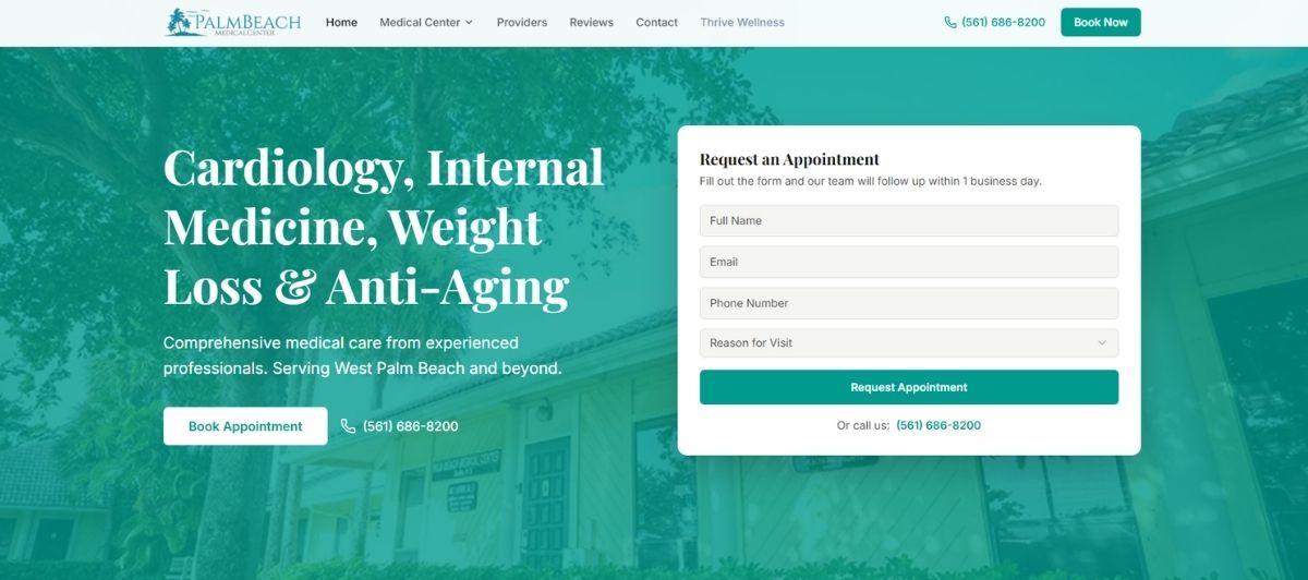 Hero section for Palm Beach Medical Center: teal overlay with large white text about Cardiology, Internal Medicine, Weight Loss & Anti-Aging; appointment form overlaid on the right.