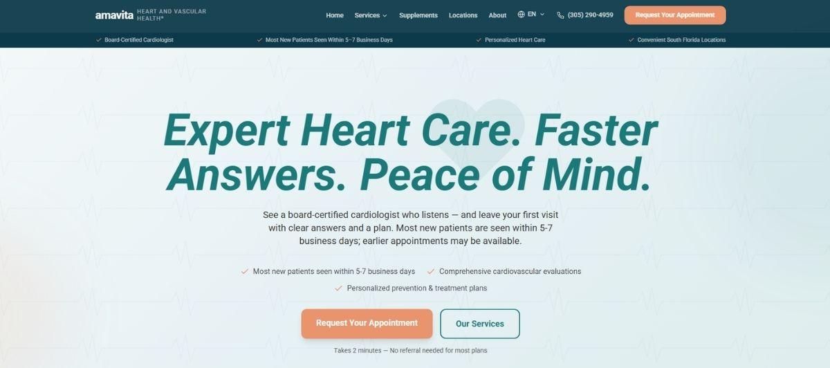 Hero banner: teal headline 'Expert Heart Care. Faster Answers. Peace of Mind.' with CTA buttons for appointment and services.