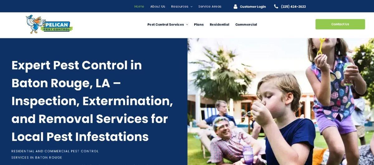 Hero banner for Pelican Pest Control: bold headline about expert pest control in Baton Rouge with kids playing outdoors on the right side.