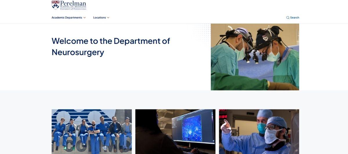 Hero header for the Department of Neurosurgery page: surgeons in an operating room on the right beside the welcome text.