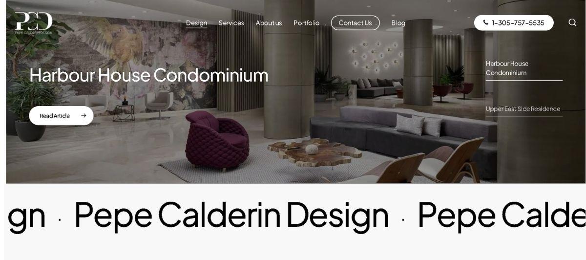 Luxurious Harbour House Condominium lobby with modern seating, a large mural wall, plants, and branding text on the overlay.
