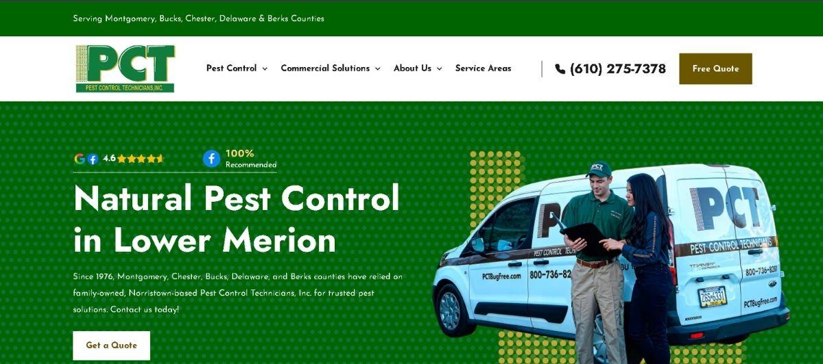 Hero banner for PCT Pest Control: green dotted background with white text reading 'Natural Pest Control in Lower Merion' and two staff members beside a PCT service van.