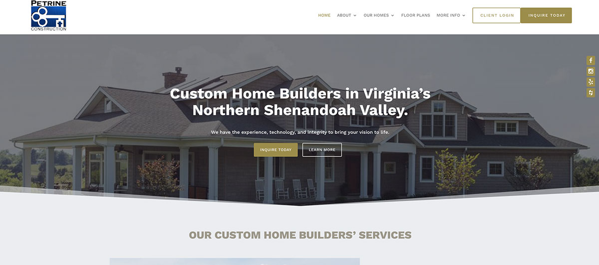 Hero header: Custom home builders in Virginia’s Northern Shenandoah Valley with a large house background and two CTAs 'Inquire Today' and 'Learn More'.