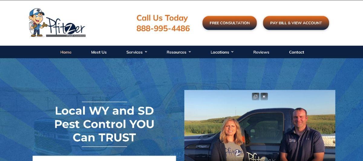 Pest control company homepage hero with logo, two orange CTAs, and a blue patterned banner saying 'Local WY and SD Pest Control YOU Can TRUST' with a photo of two team members beside a truck.