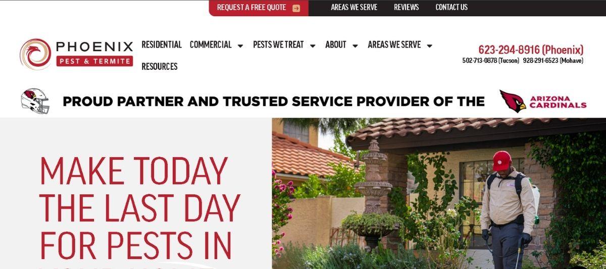 Pest control banner: technician in uniform with backpack sprayer in a front yard, beside a house, with a bold red headline about pests.
