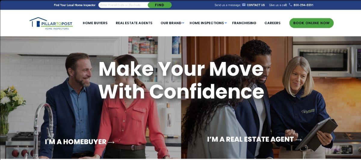 Hero banner with homebuyers and a real estate agent conversing in a modern kitchen, overlaid with 'Make Your Move With Confidence'.