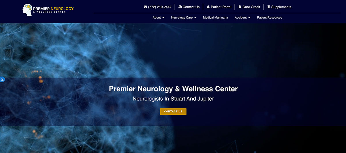 Hero banner for Premier Neurology & Wellness Center with the subtitle 'Neurologists In Stuart And Jupiter' and a gold 'Contact Us' button.