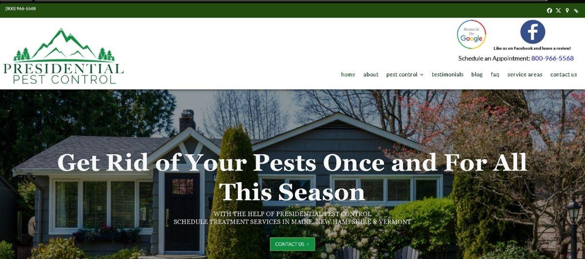 Suburban house featured on a pest-control website with a bold overlaid headline: 'Get Rid of Your Pests Once and For All This Season' for Presidential Pest Control