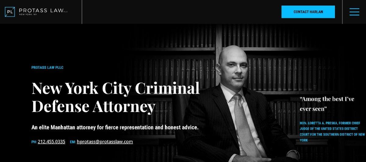 Hero image: bald man in a dark suit seated in a book-filled office, with the headline 'New York City Criminal Defense Attorney' and subtitle about elite Manhattan representation.
