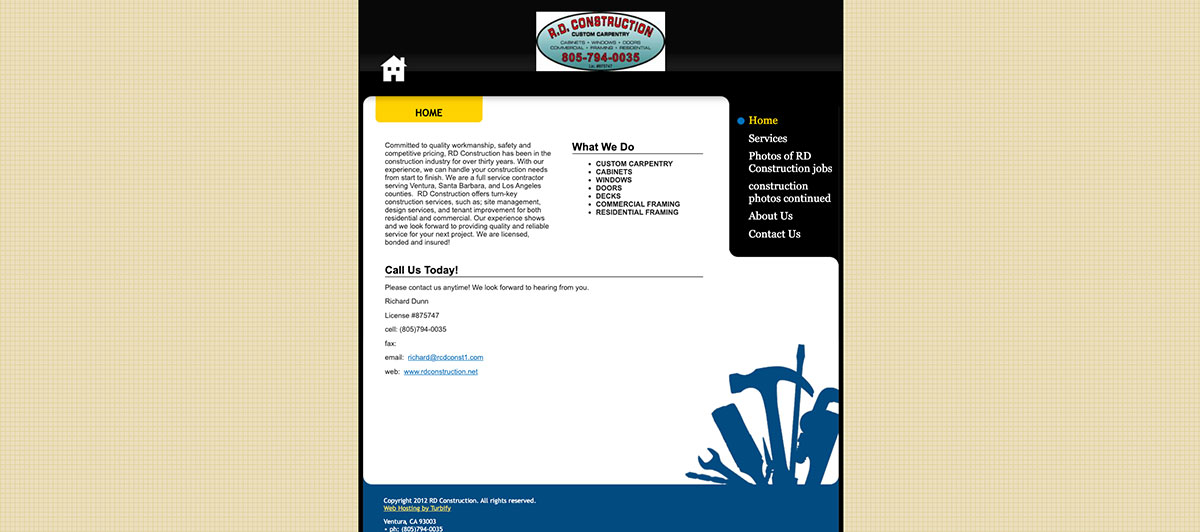RD Construction website screenshot: white content card with 'What We Do' list, yellow Home tab, left home icon, right vertical menu, and blue plant graphic at bottom right on a dark page with beige patterned background.