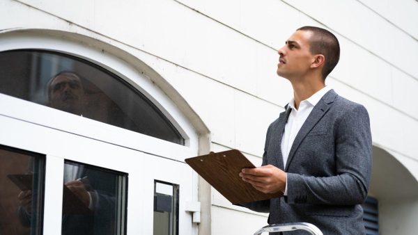 Professional man in a gray blazer holds a wooden clipboard outside a white building, looking upward.