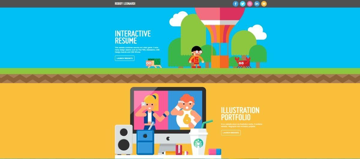 Colorful cartoon website hero with a blue sky, hot‑air balloon, trees, and a person, labeled Interactive Resume.