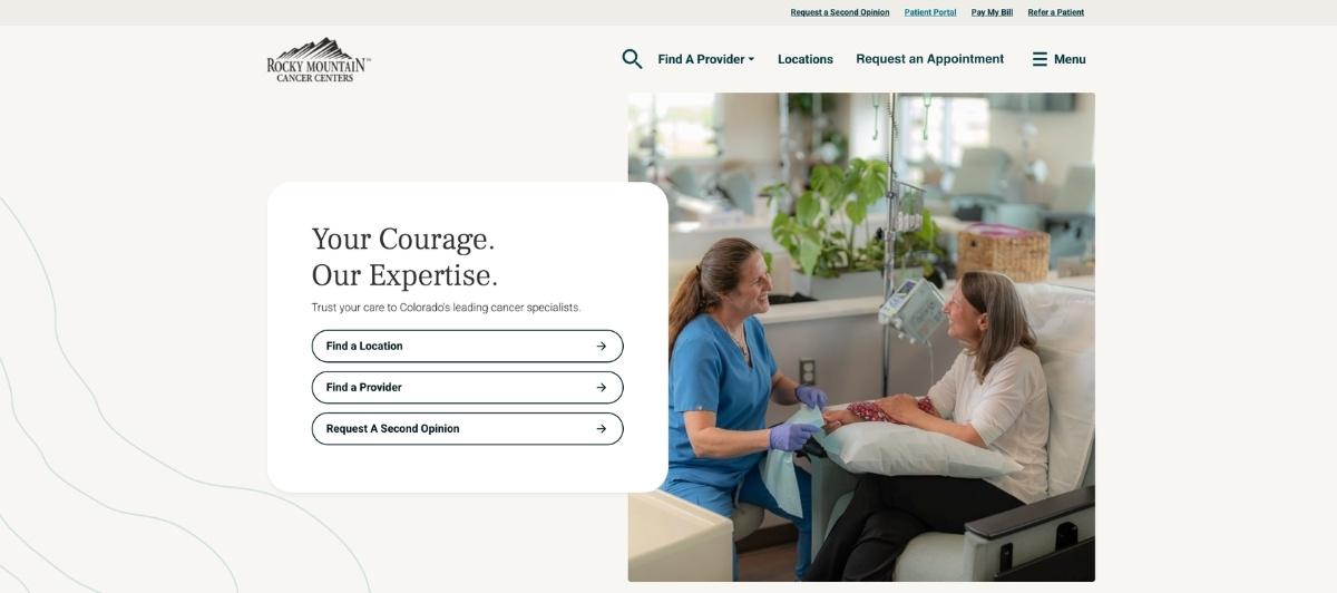 Nurse attends to a patient in a clinic; a white rounded panel reads 'Your Courage. Our Expertise.' with three option buttons: Find a Location, Find a Provider, Request A Second Opinion.