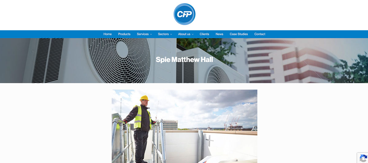 Header of a corporate site with CFP logo, blue navigation bar, and HVAC units in the hero image.