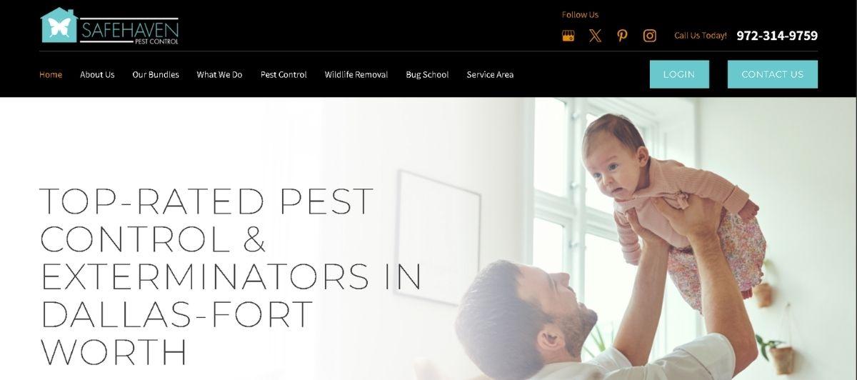 Dad lifts a baby in a sunlit home beside the headline about top-rated pest control in Dallas–Fort Worth