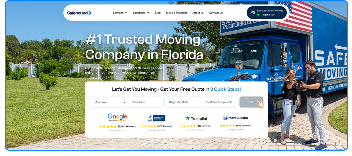 Hero image with a blue Safebound moving truck beside a couple on a sunny lawn; large text reads '#1 Trusted Moving Company in Florida' with a white booking form overlay.