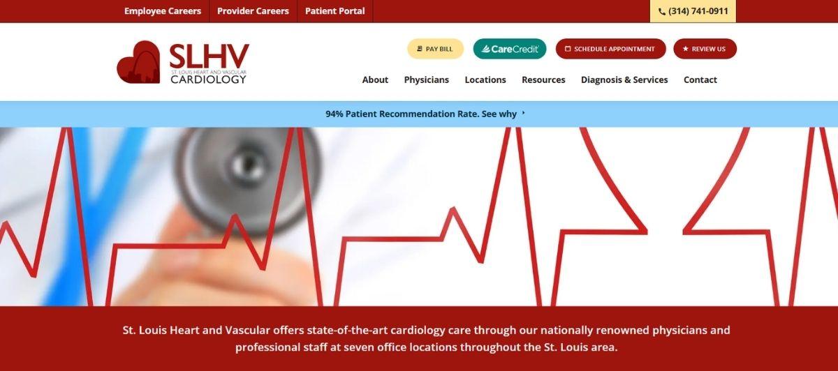 Banner displaying a red ECG/heartbeat line across a medical background with a blurred doctor and the St. Louis Heart and Vascular Cardiology logo at left.