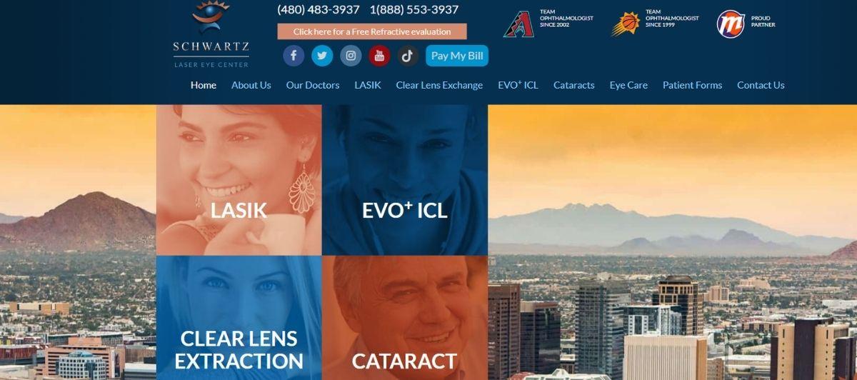 Collage of service tiles for LASIK, EVO+ ICL, clear lens extraction and cataract treatment over a cityscape backdrop on a laser eye center website banner