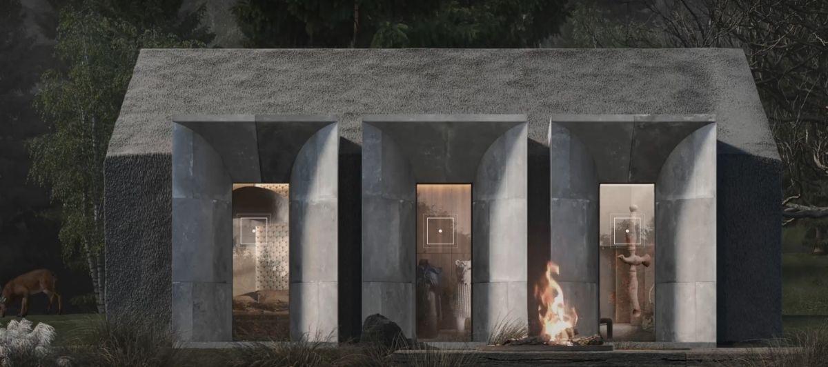 Concrete pavilion with four glass-front rooms around a central outdoor fire pit at dusk.