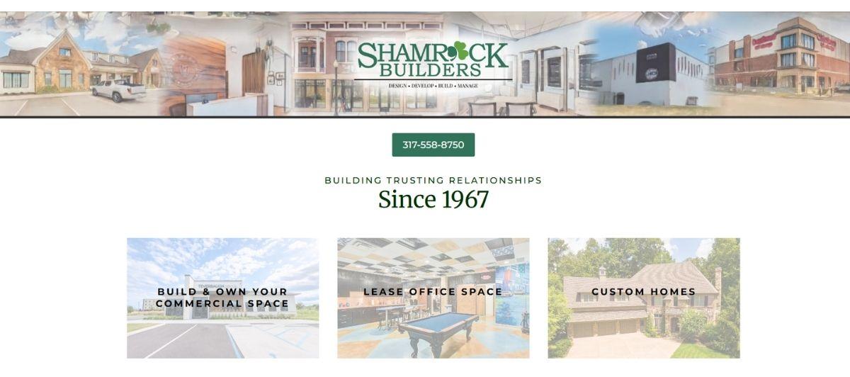 Header collage for Shamrock Builders showing residential and commercial buildings with a green contact button in the center