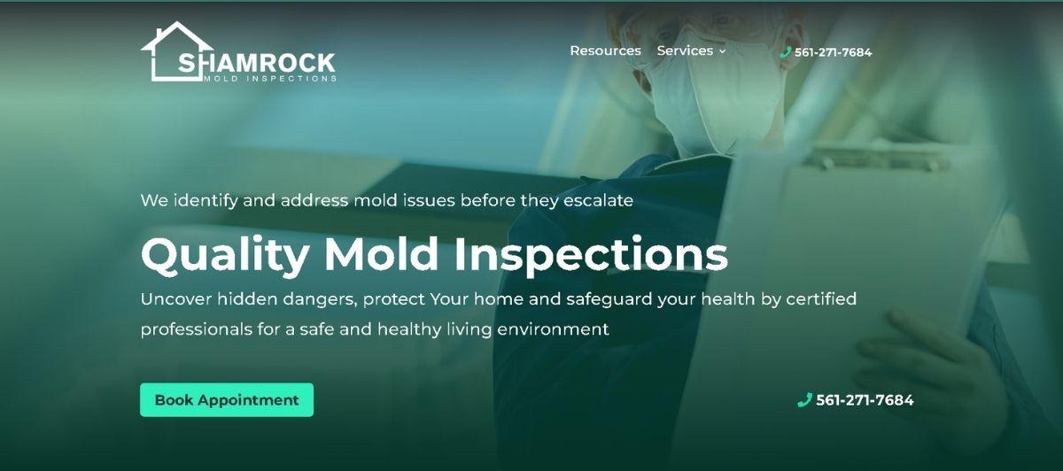 Hero banner for Shamrock Mold Inspections showing a technician with clipboard, headline 'Quality Mold Inspections' and a Book Appointment button.