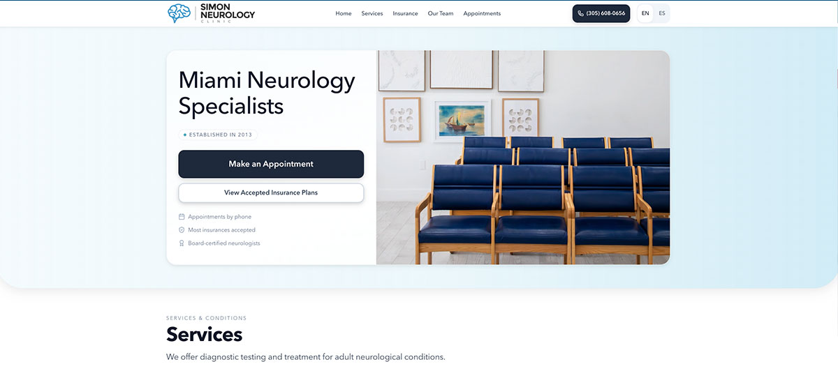 Miami Neurology Specialists hero banner with an appointment button and a waiting-area photo of blue chairs on the right side.