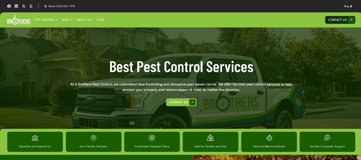 Hero banner for Brothers Pest Control: green-themed site with a pest-control truck and the headline 'Best Pest Control Services'.