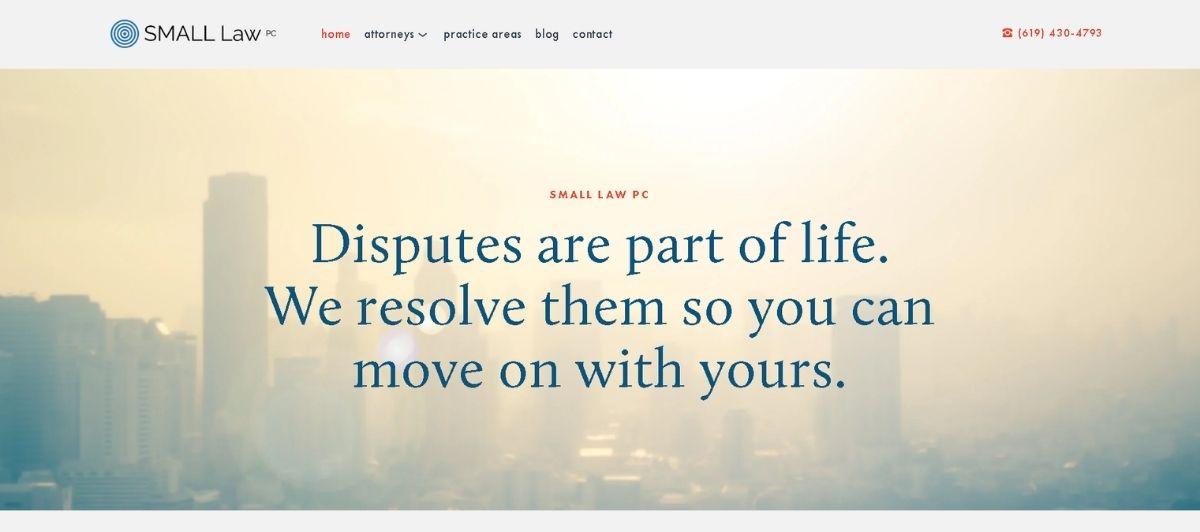 Hero image of a hazy city skyline with blue text: "Disputes are part of life. We resolve them so you can move on with yours." (law firm message)
