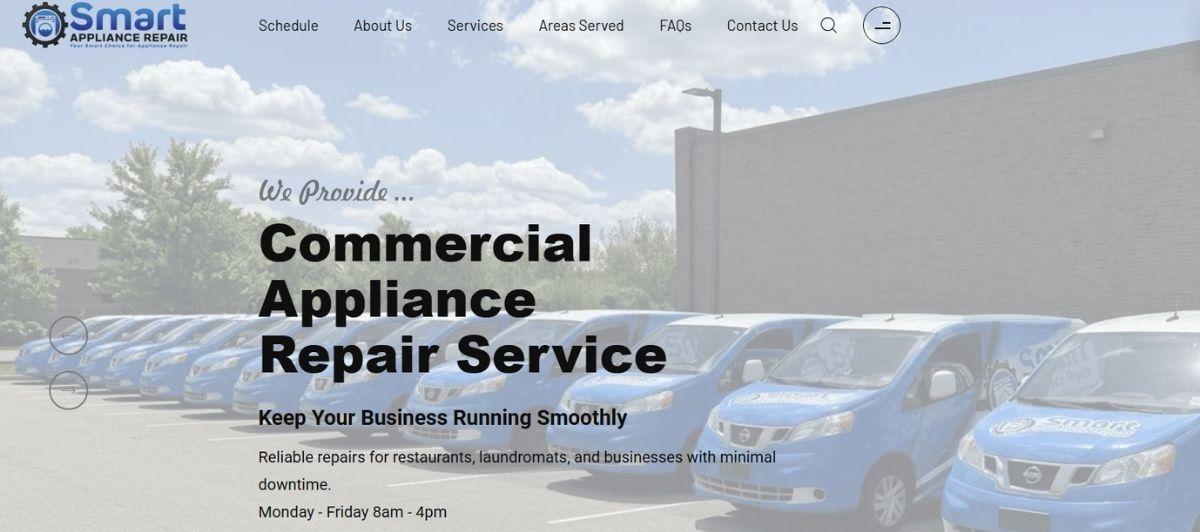 Row of blue company vans in a parking lot with a building in the background; large overlay text advertises Commercial Appliance Repair Service.