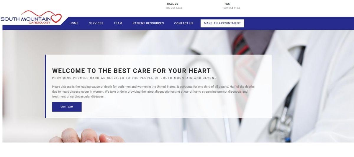 Hero banner for South Mountain Cardiology showing a doctor in a white coat with a stethoscope, overlaid with text: “Welcome to the best care for your heart.”