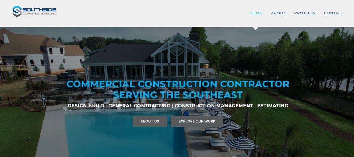 Hero banner featuring a modern house with a backyard pool, Southside Constructors logo top left, and navigation links top right; blue overlay text reads 'Commercial Construction Contractor Serving the Southeast.'
