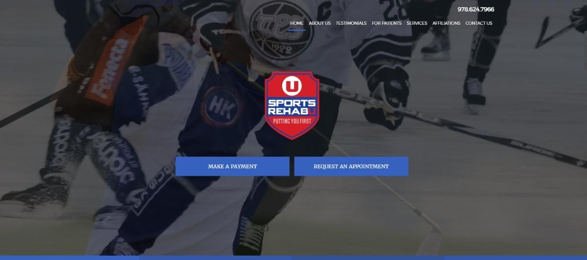 Blurry ice hockey action with a central Sports Rehab logo and two blue buttons: Make a payment and Request an appointment.