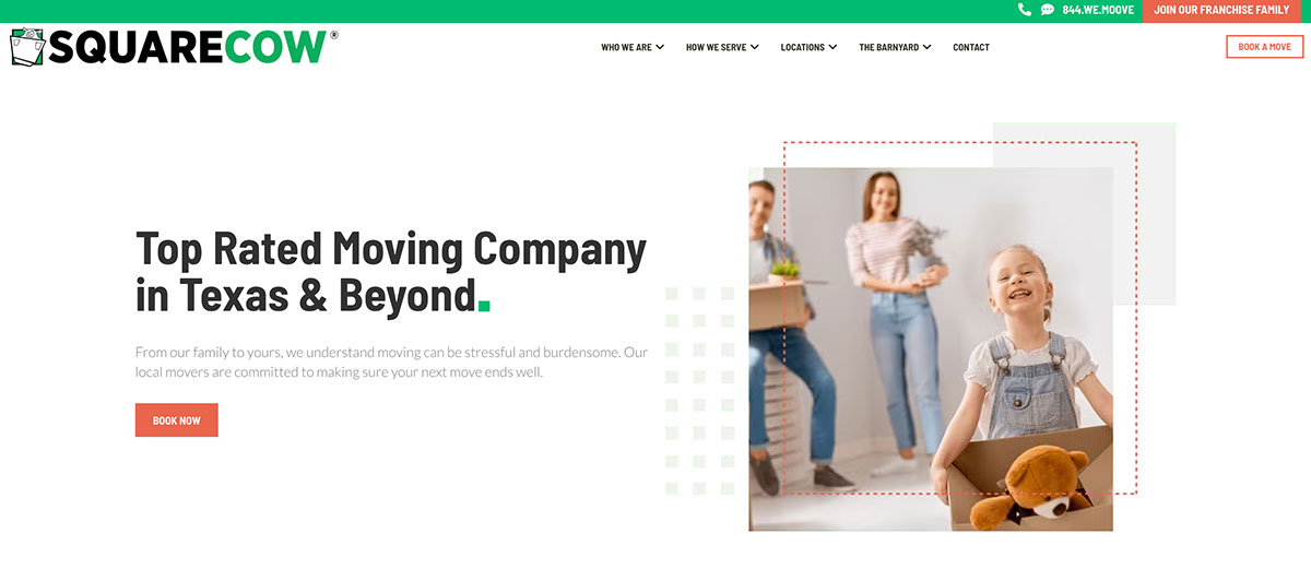Hero section featuring the headline 'Top Rated Moving Company in Texas & Beyond' with a photo of a smiling child in a box and a family with moving boxes in the background, illustrating a moving service.