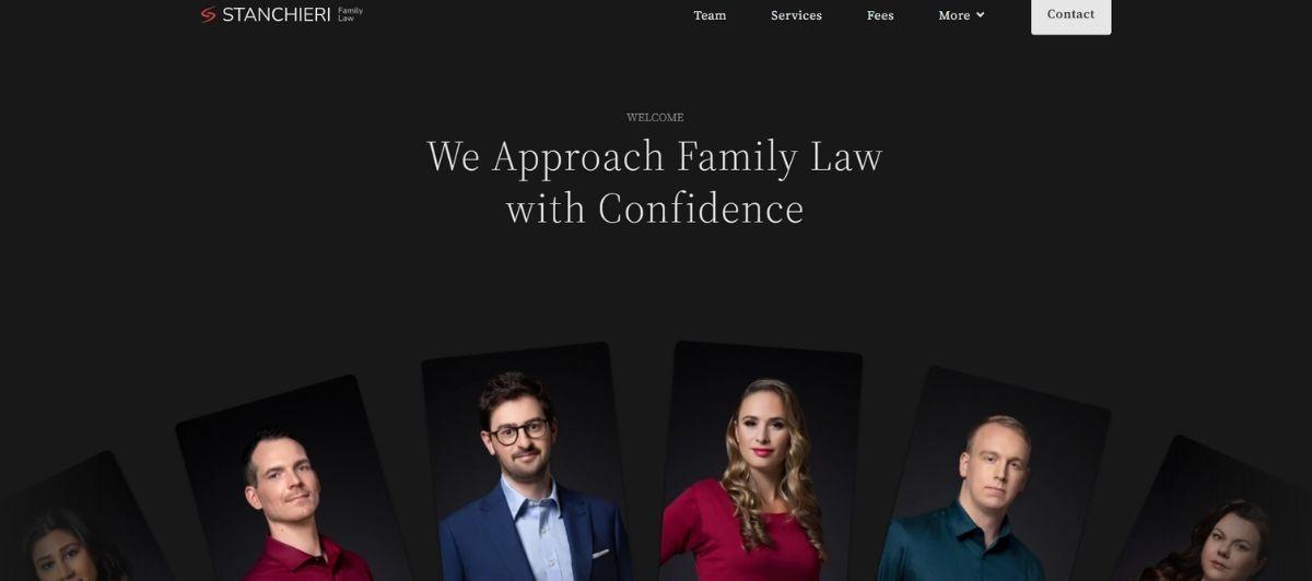 Homepage hero: dark background with the headline 'We Approach Family Law with Confidence' and a fan of staff headshots along the bottom.